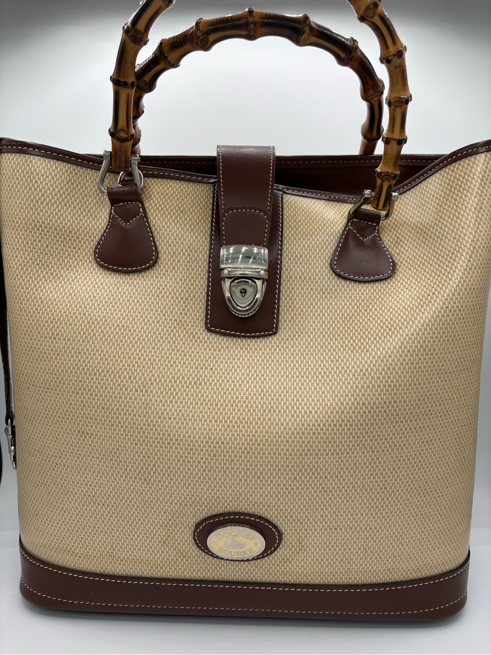 Vintage Dooney & Bourke Beige Canvas Tote with Brown Leather & Bamboo Handles